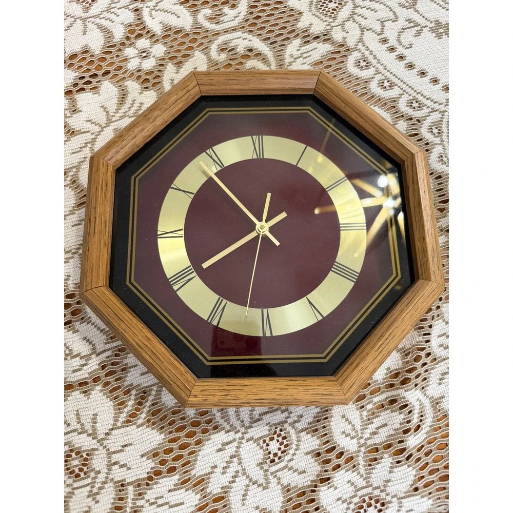 Vintage Octagonal Oak Wood Wall Clock Burgundy Gold Roman Numeral Quartz 11.5in